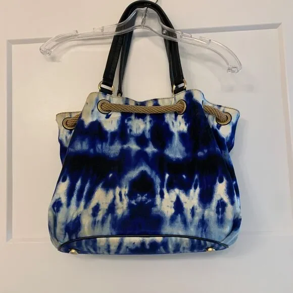 Michael Kors Marina Tie Dye Tote Blue Canvas Large Bag Tassel Gold Hardware - Picture 2 of 9